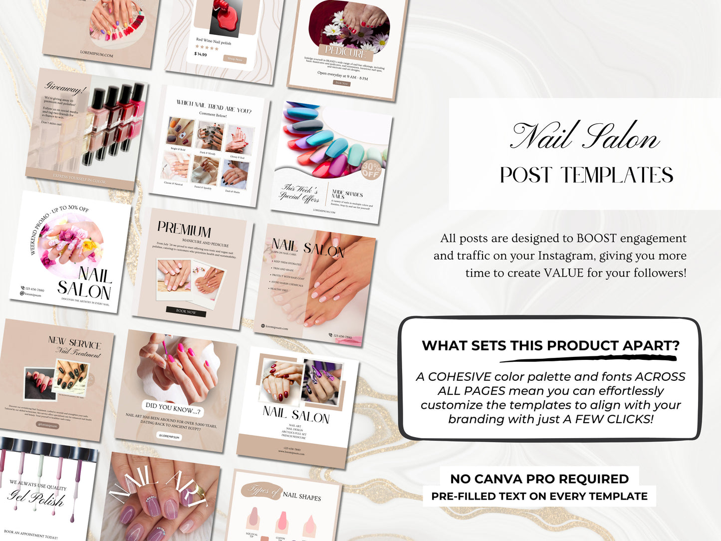 100 Nail Salon Instagram Canva Templates – Nail Art, Tech & Branding for Pink Nail Salons