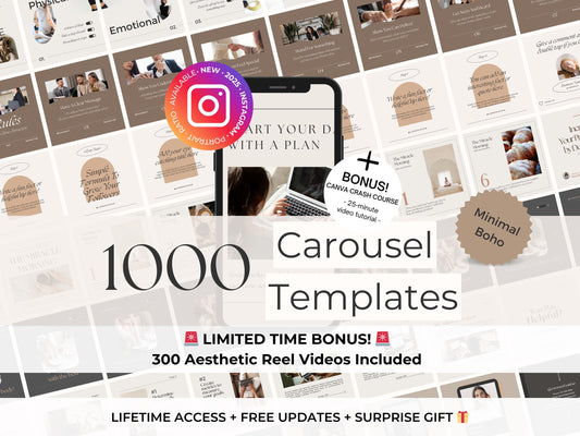 1000 Minimal Boho Instagram Carousel Canva Templates BUNDLE -Beige Aesthetic Marketing Toolkit Coaching Templates - Instagram Carousel Posts