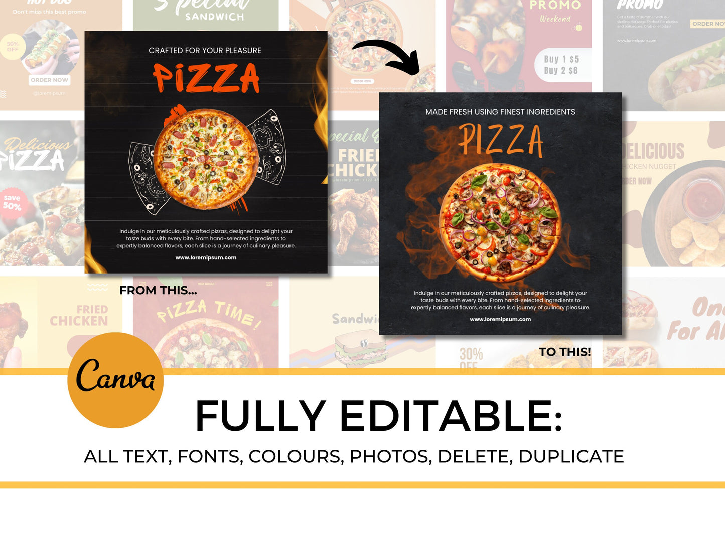 130 Instagram Post Canva Templates For Fast Food Restaurant -Editable Restaurant Instagram -Pizza, Hot Dog, Chicken Instagram-Food Instagram
