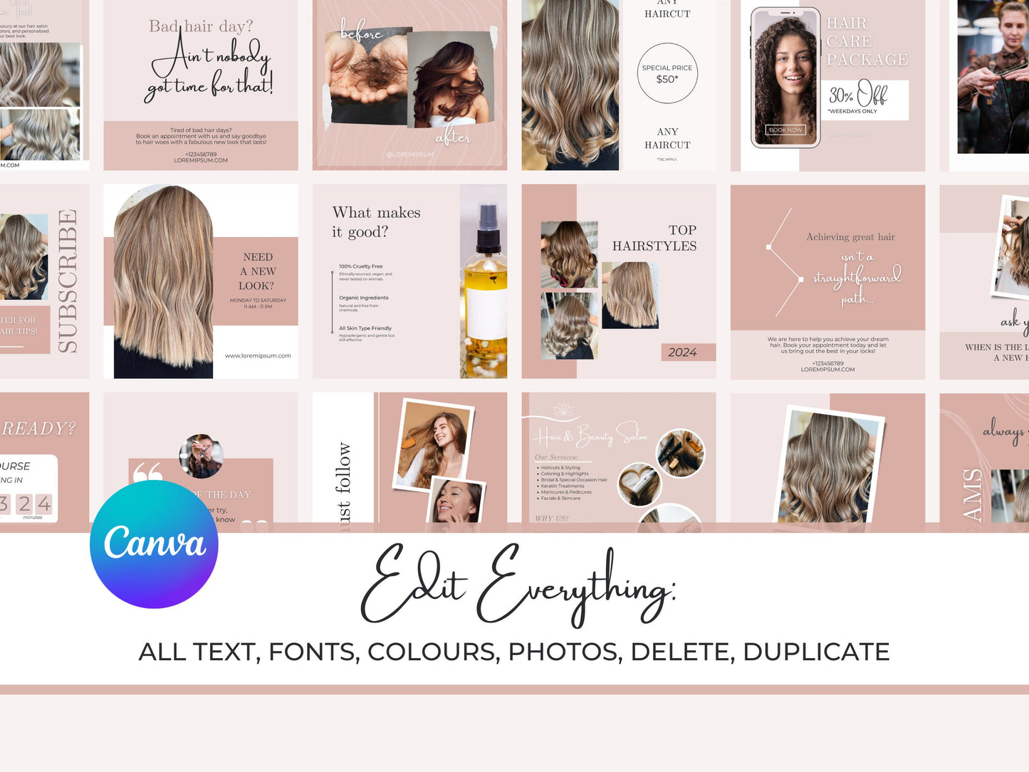 220 Hair Stylist Instagram Templates - Hair Salon Posts and Stories - Hair Extensions Canva Templates - Hair Products Instagram Marketing