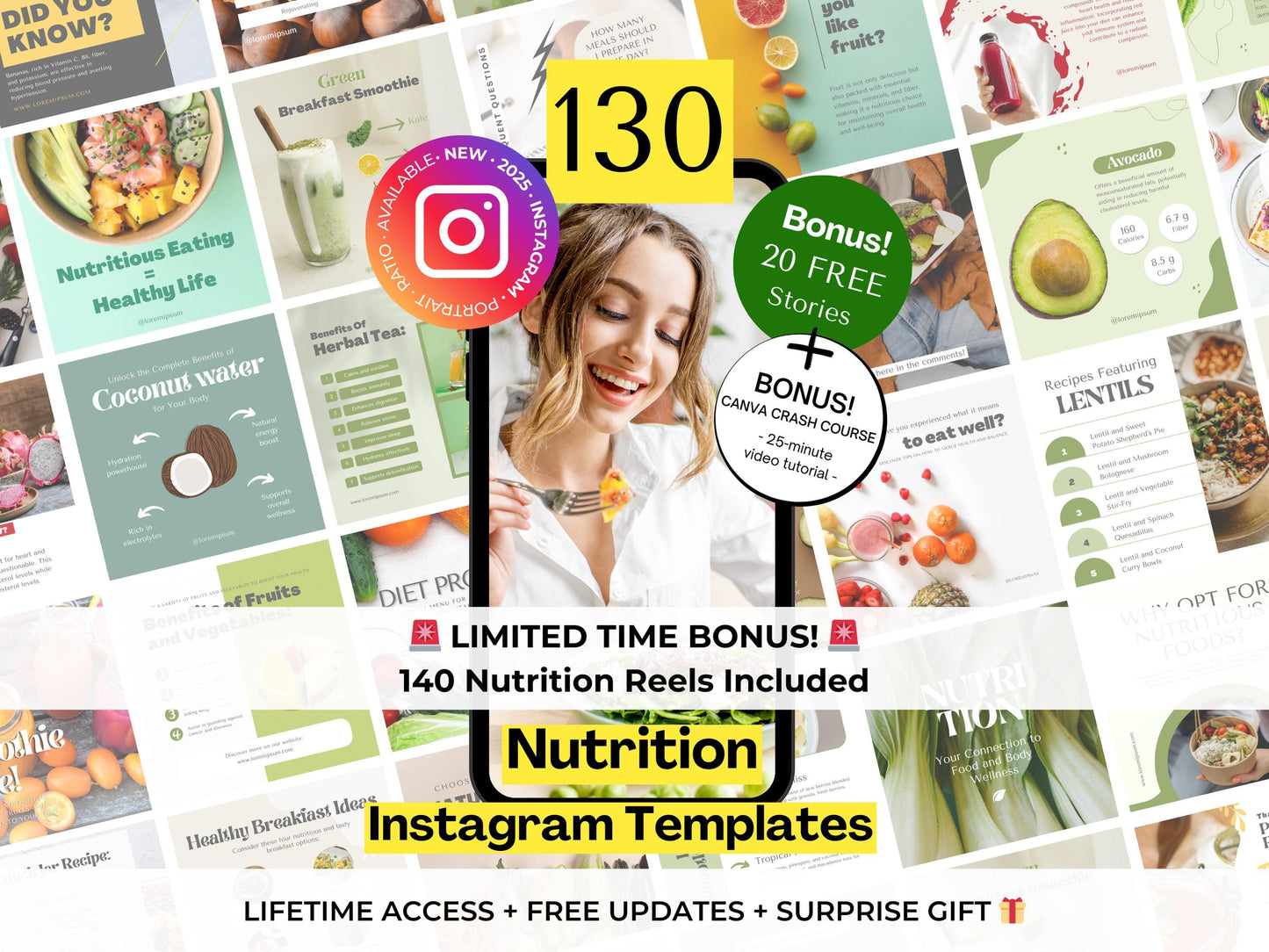 130 Nutrition Instagram Canva Templates – Healthy Eating, Wellness & Nutritionist Social Media Bundle