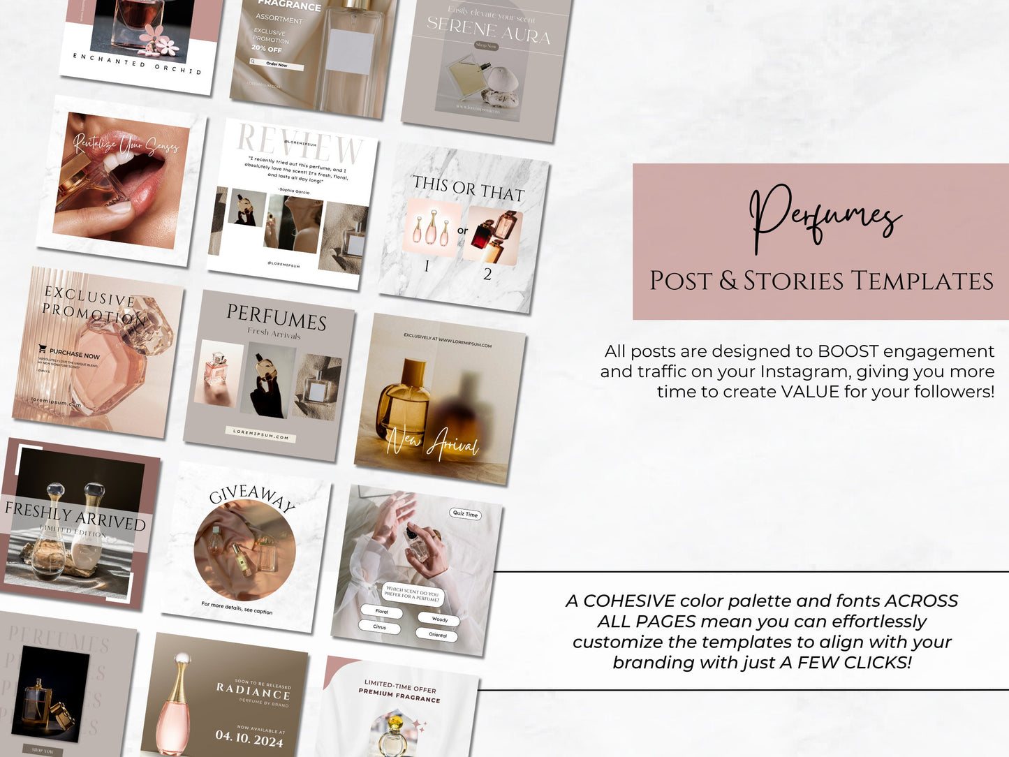 PLR: 70 Perfume Instagram Canva Templates – Social Media Posts & Stories for Online Perfume Businesses