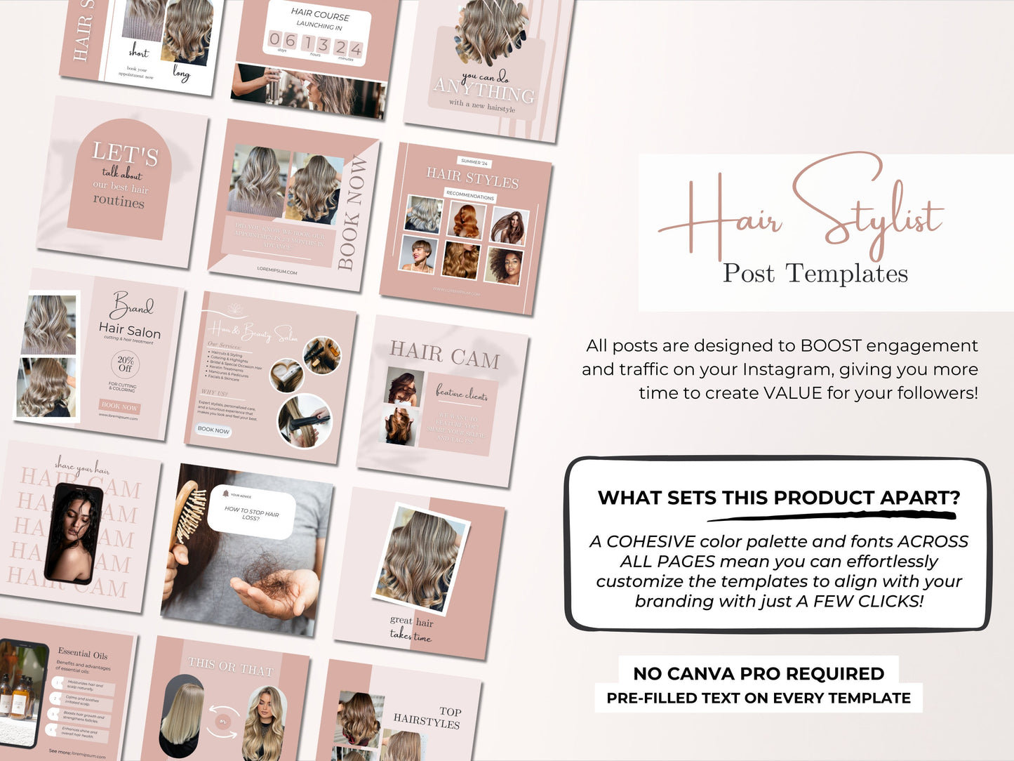 220 Hair Stylist Instagram Templates - Hair Salon Posts and Stories - Hair Extensions Canva Templates - Hair Products Instagram Marketing