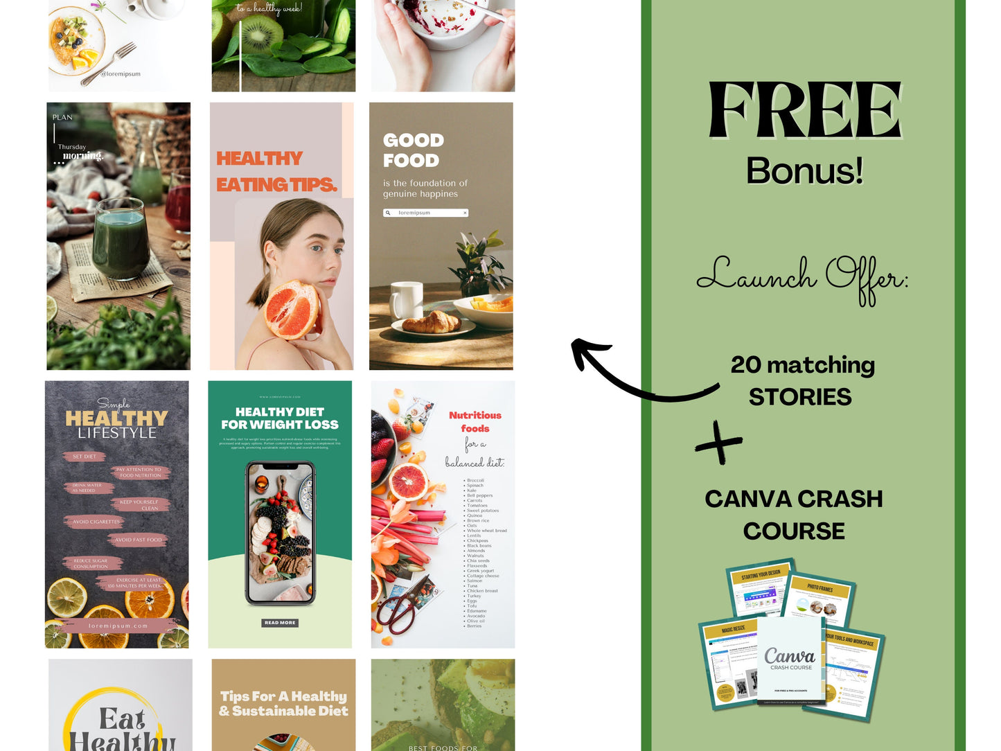 130 Nutrition Instagram Canva Templates – Healthy Eating, Wellness & Nutritionist Social Media Bundle