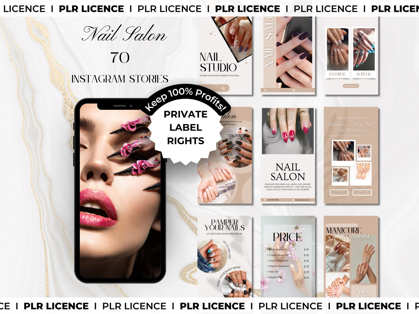 PLR: 70 Nail Salon Instagram Stories – Manicure & Nail Art Canva Templates for Nail Techs