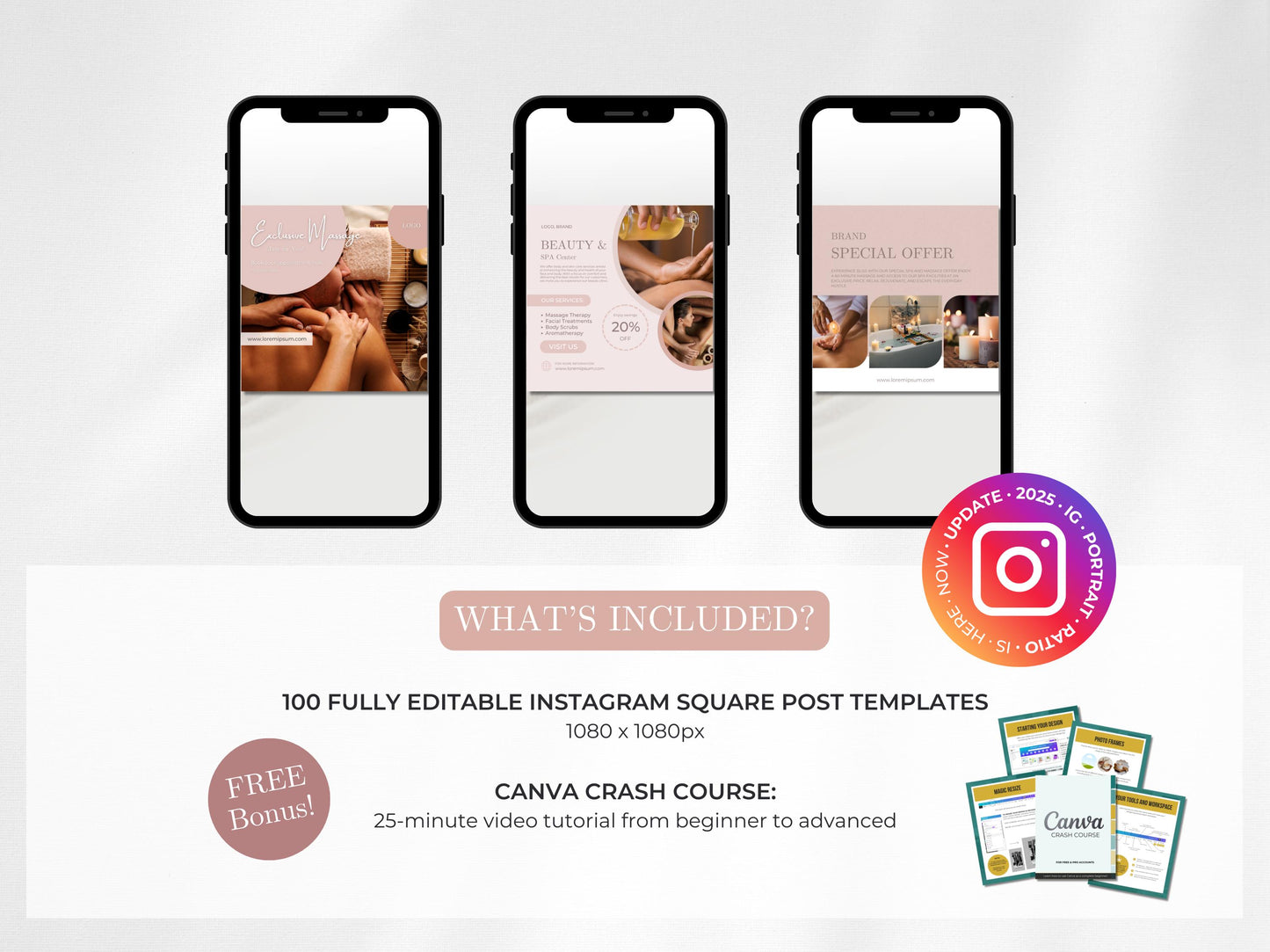 100 Massage & Spa Instagram Posts Canva Templates – Massage Therapist, Spa Canva Templates, Therapist Instagram Posts