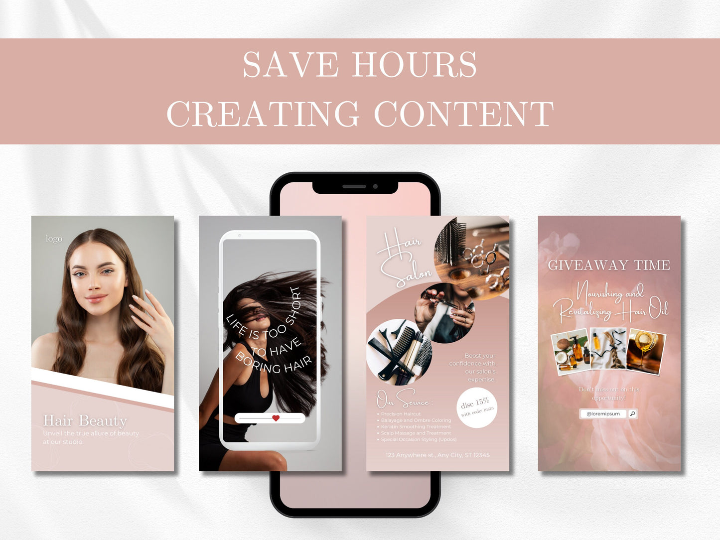 220 Hair Stylist Instagram Templates - Hair Salon Posts and Stories - Hair Extensions Canva Templates - Hair Products Instagram Marketing