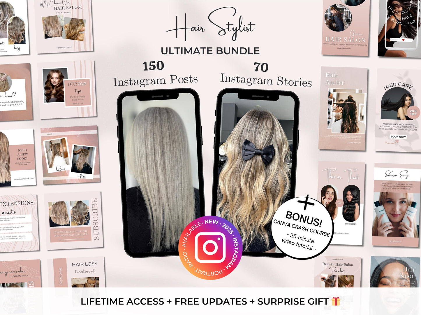 220 Hair Stylist Instagram Templates - Hair Salon Posts and Stories - Hair Extensions Canva Templates - Hair Products Instagram Marketing