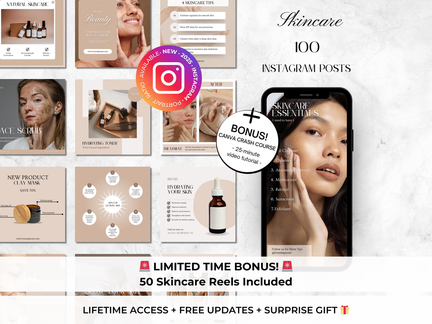 100 Skincare Instagram Post Templates – Luxury Esthetician & Beauty Salon Branding, Skincare Coaching Canva Templates