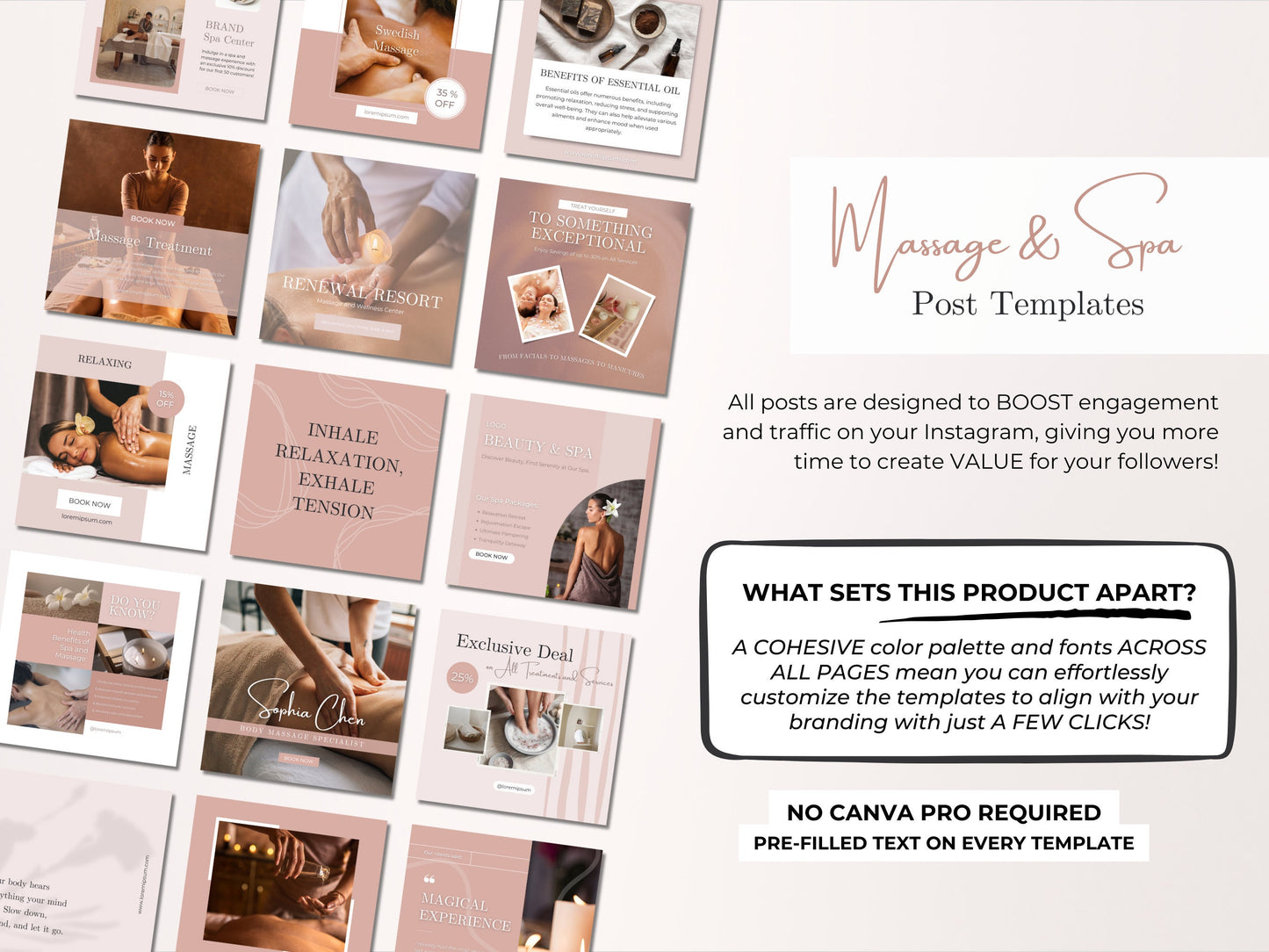 100 Massage & Spa Instagram Posts Canva Templates – Massage Therapist, Spa Canva Templates, Therapist Instagram Posts