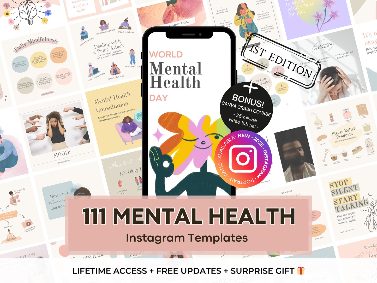 111 Mental Health Instagram Canva Templates -Psychotherapy -Wellness and Self Care Social Media Templates - Coaching Templates -Therapist IG