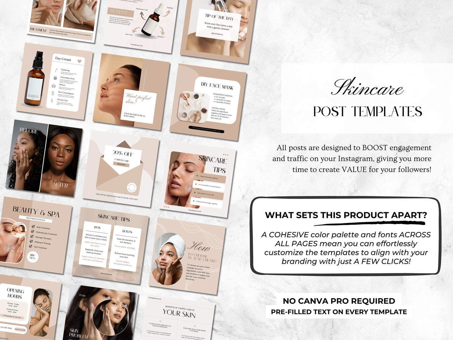 100 Skincare Instagram Post Templates – Luxury Esthetician & Beauty Salon Branding, Skincare Coaching Canva Templates