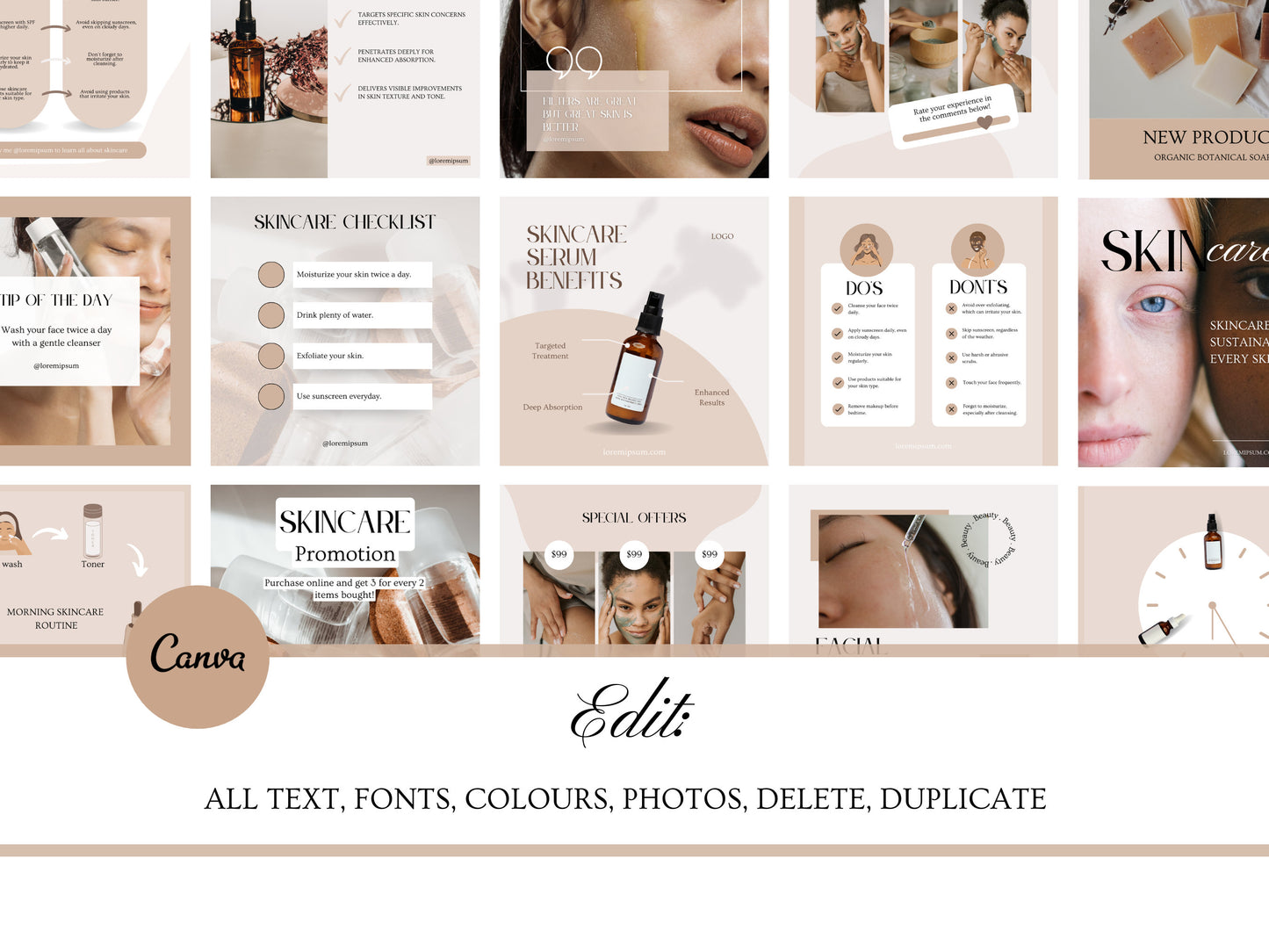 100 Skincare Instagram Post Templates – Luxury Esthetician & Beauty Salon Branding, Skincare Coaching Canva Templates