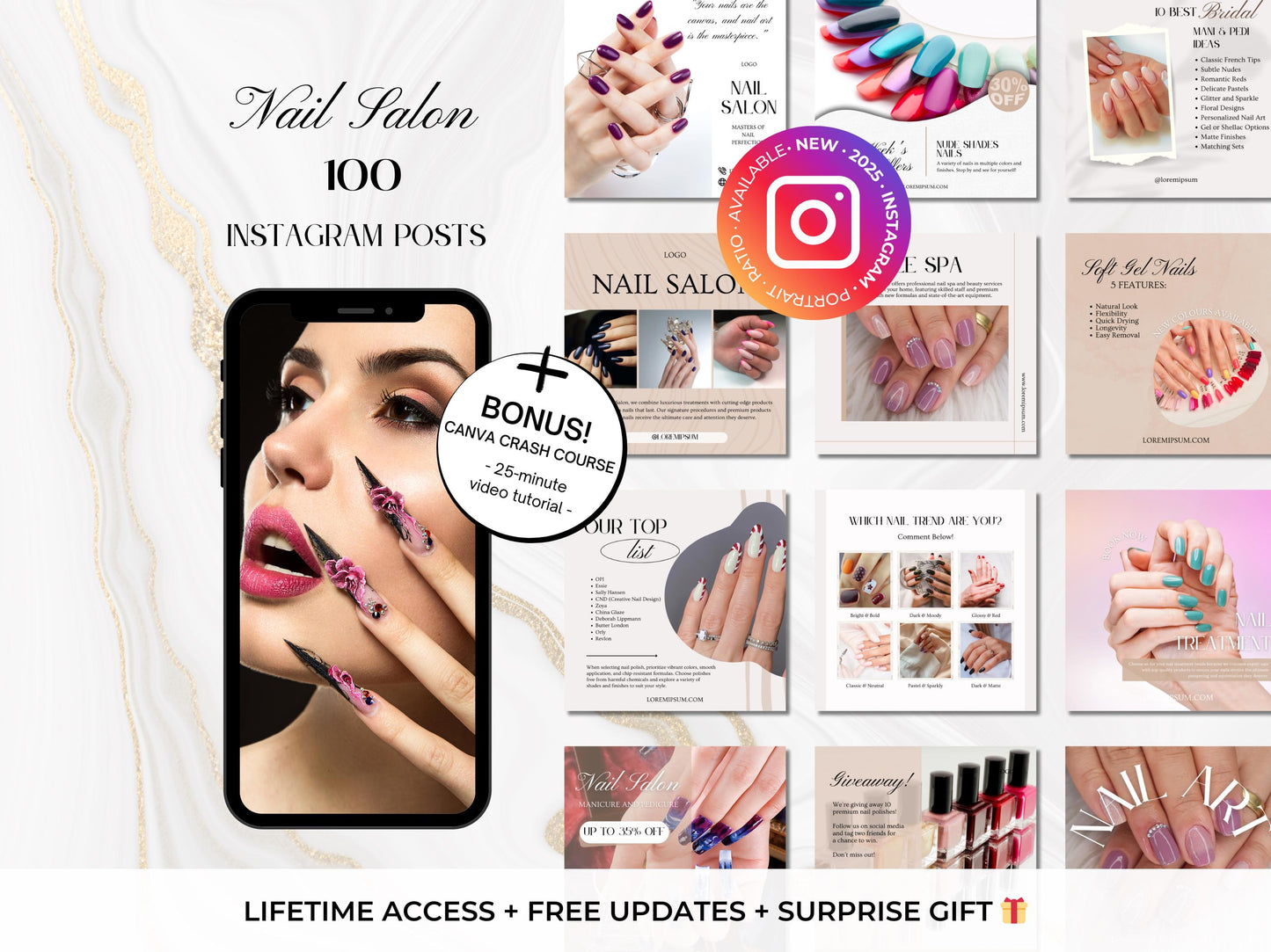 100 Nail Salon Instagram Canva Templates – Nail Art, Tech & Branding for Pink Nail Salons
