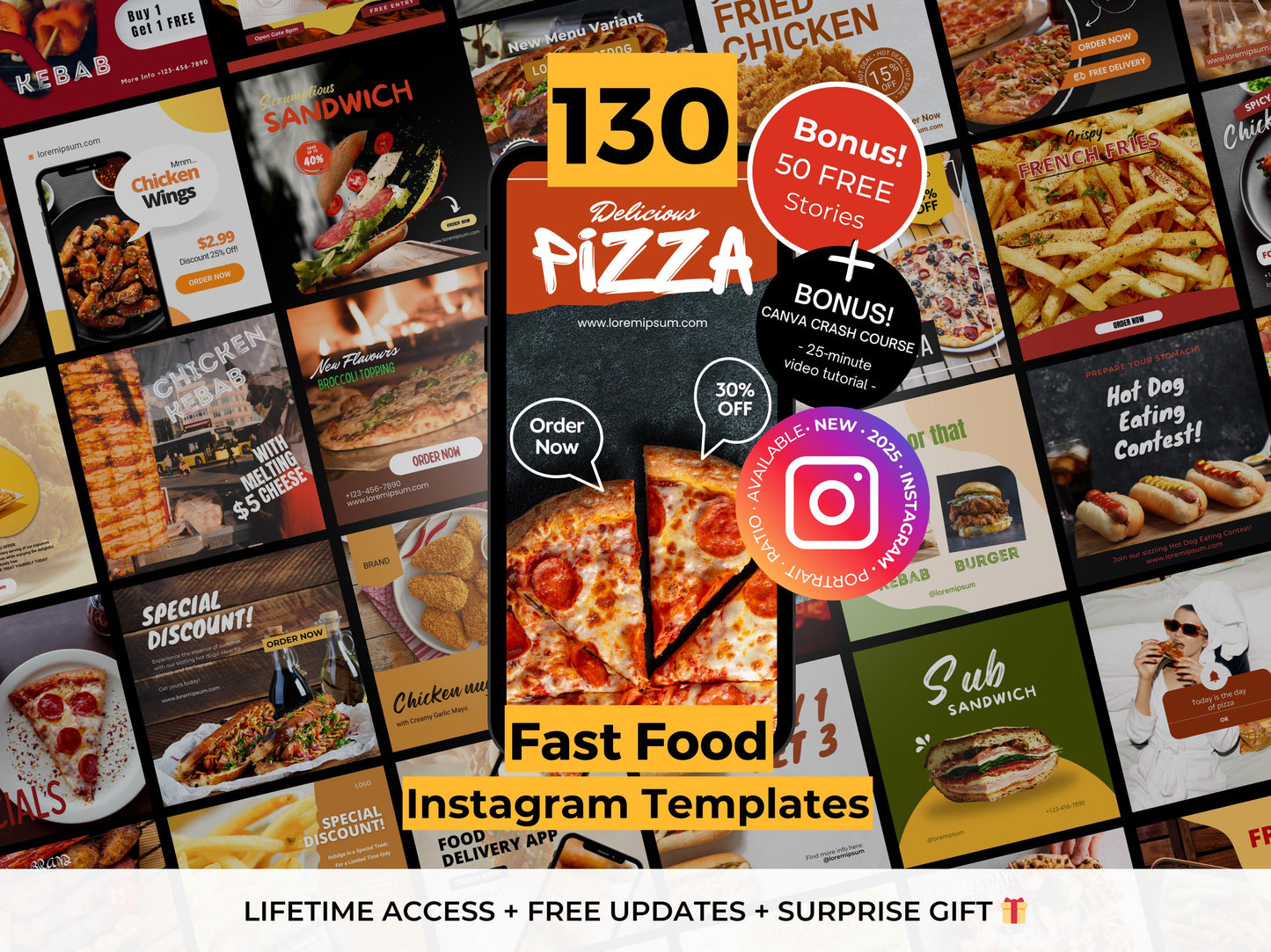 130 Instagram Post Canva Templates For Fast Food Restaurant -Editable Restaurant Instagram -Pizza, Hot Dog, Chicken Instagram-Food Instagram