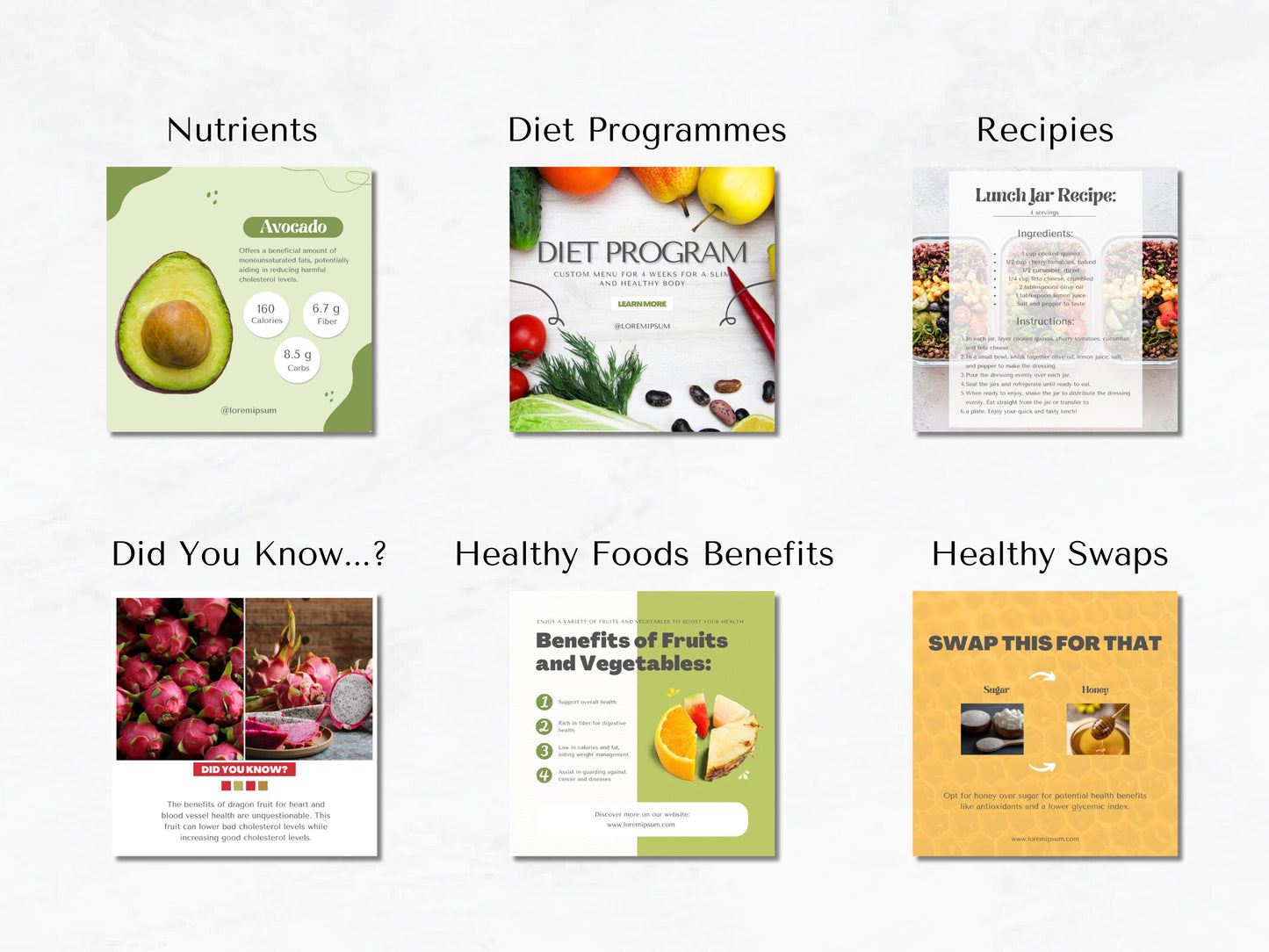 130 Nutrition Instagram Canva Templates – Healthy Eating, Wellness & Nutritionist Social Media Bundle