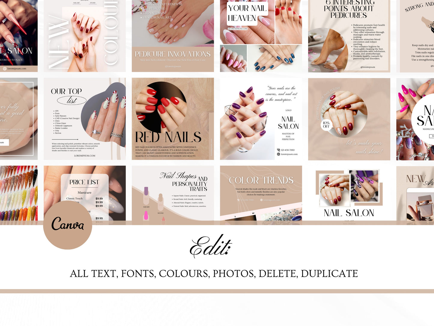 100 Nail Salon Instagram Canva Templates – Nail Art, Tech & Branding for Pink Nail Salons