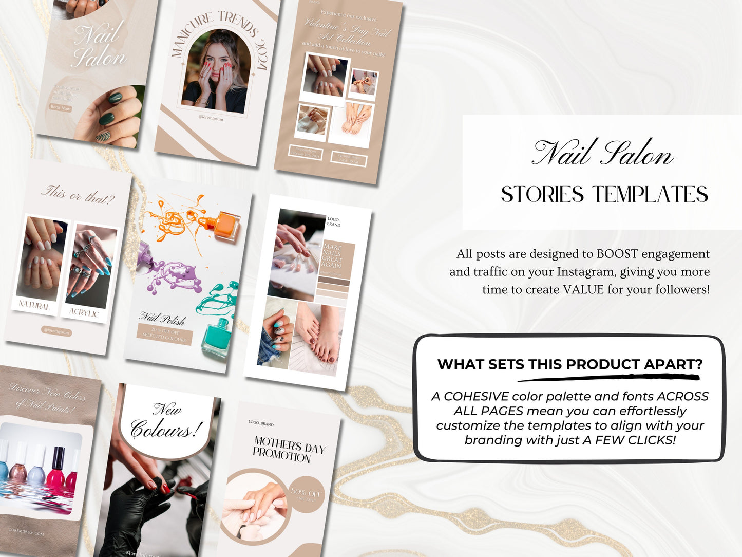 PLR: 70 Nail Salon Instagram Stories – Manicure & Nail Art Canva Templates for Nail Techs