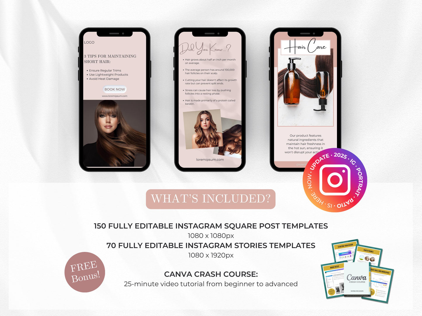 220 Hair Stylist Instagram Templates - Hair Salon Posts and Stories - Hair Extensions Canva Templates - Hair Products Instagram Marketing