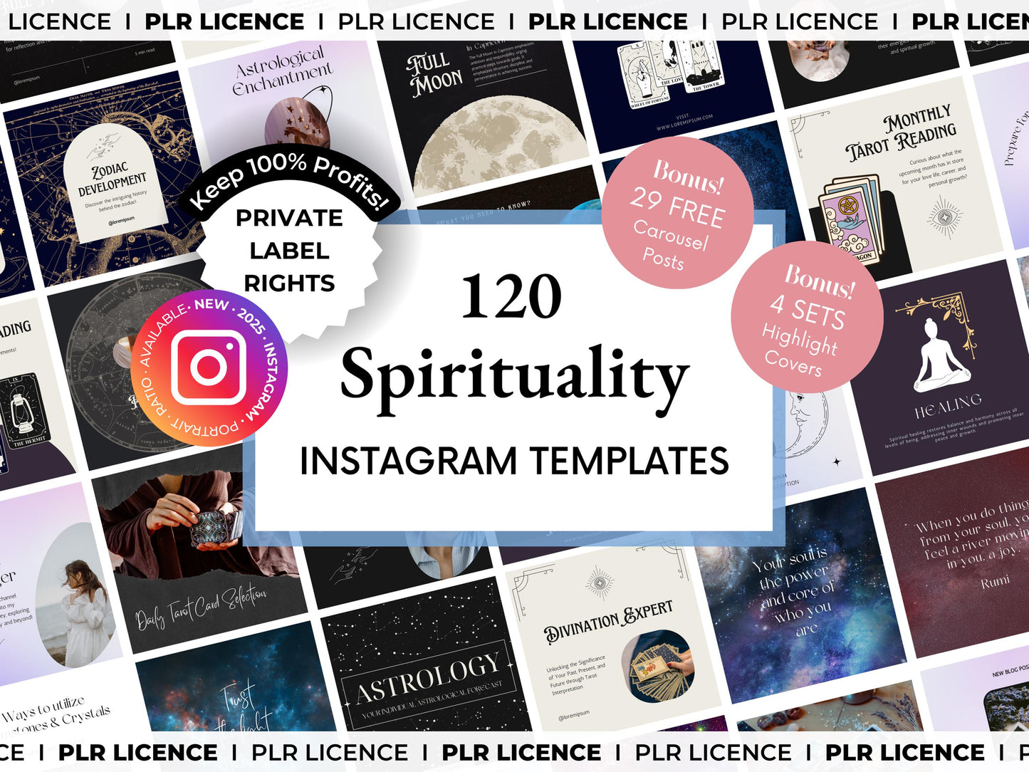 PLR 120 Spirituality Instagram Templates - Private Label Rights Templates for Spiritual Coach Instagram - Horoscope Astrology Canva Editable