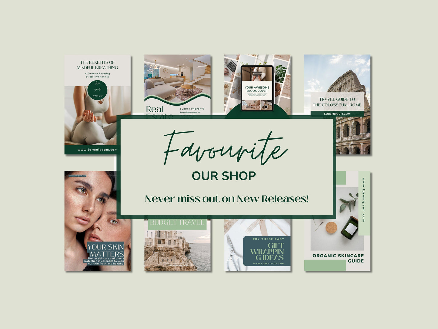 100 Pinterest Pin Templates – Editable Canva Templates in Green & Beige