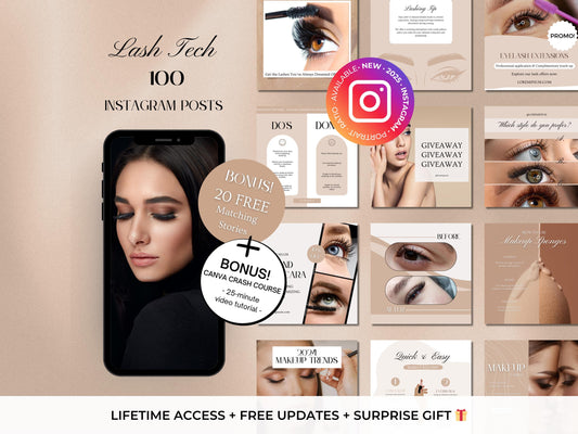 100 Lash Tech Instagram - Lash Extensions Canva Templates -Lashes Editable Instagram Templates -Lash Artist Template - Lash Lift Posts