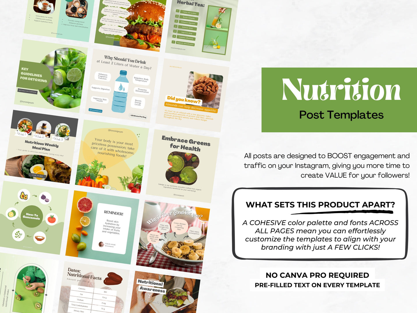 130 Nutrition Instagram Canva Templates – Healthy Eating, Wellness & Nutritionist Social Media Bundle