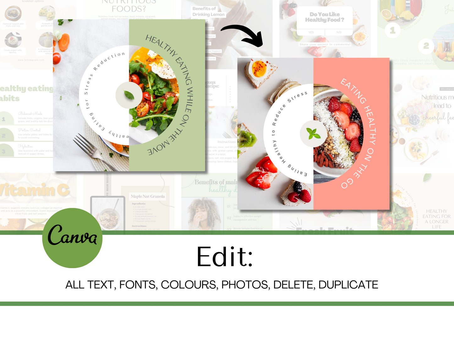 130 Nutrition Instagram Canva Templates – Healthy Eating, Wellness & Nutritionist Social Media Bundle