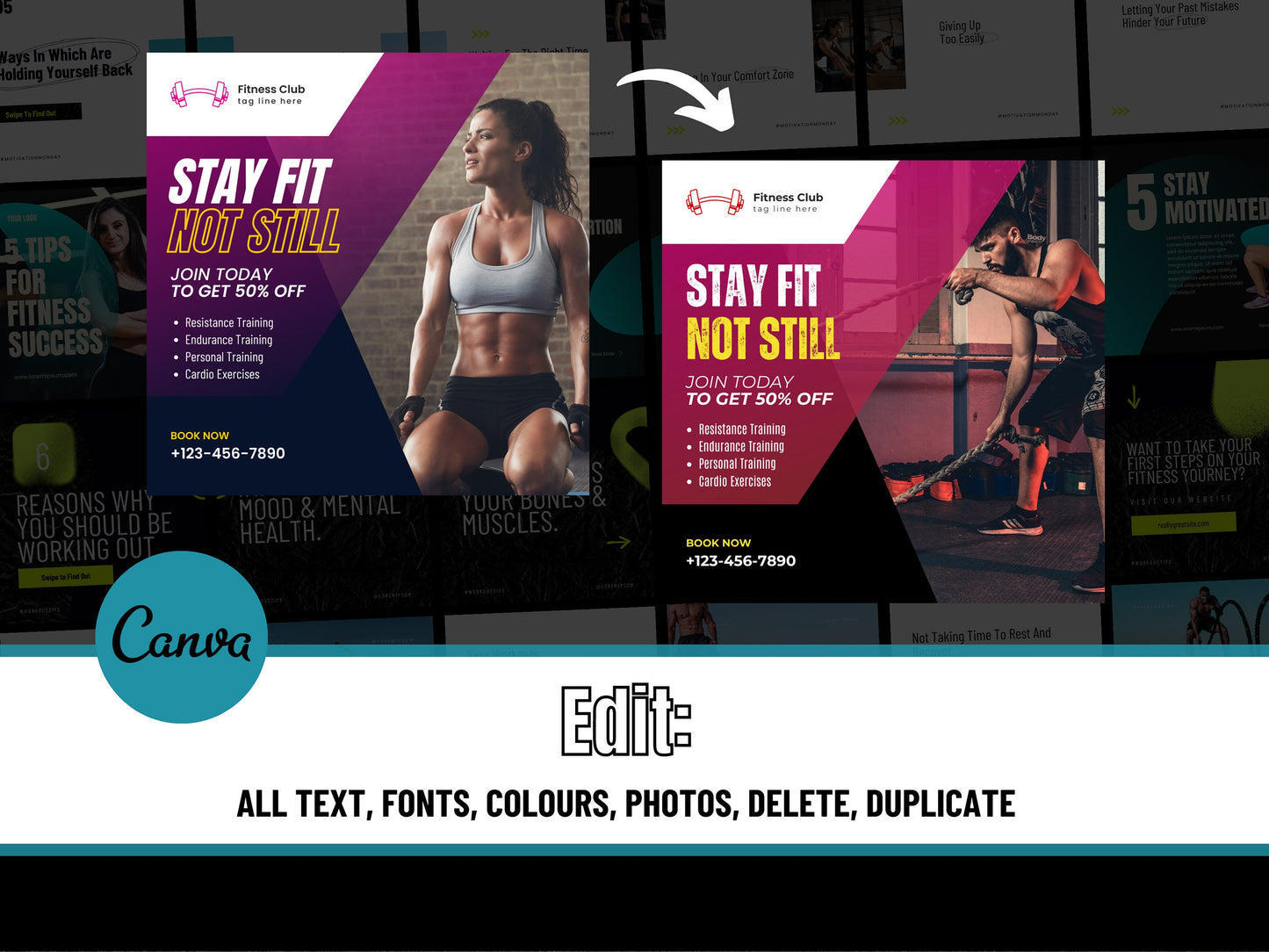 100 Fitness Instagram Carousel Posts Canva Templates – Fitness Instructor, Fitness Coach Business, Gym Instagram, Personal Trainer