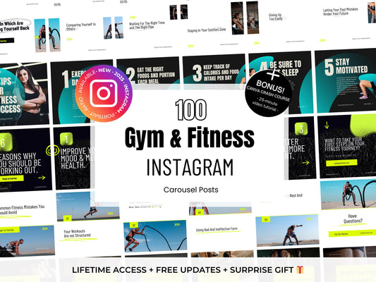 100 Fitness Instagram Carousel Posts Canva Templates – Fitness Instructor, Fitness Coach Business, Gym Instagram, Personal Trainer