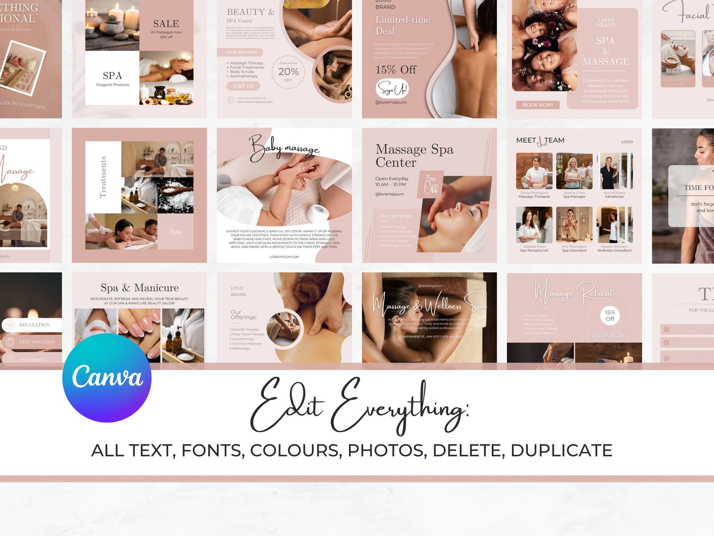 100 Massage & Spa Instagram Posts Canva Templates – Massage Therapist, Spa Canva Templates, Therapist Instagram Posts