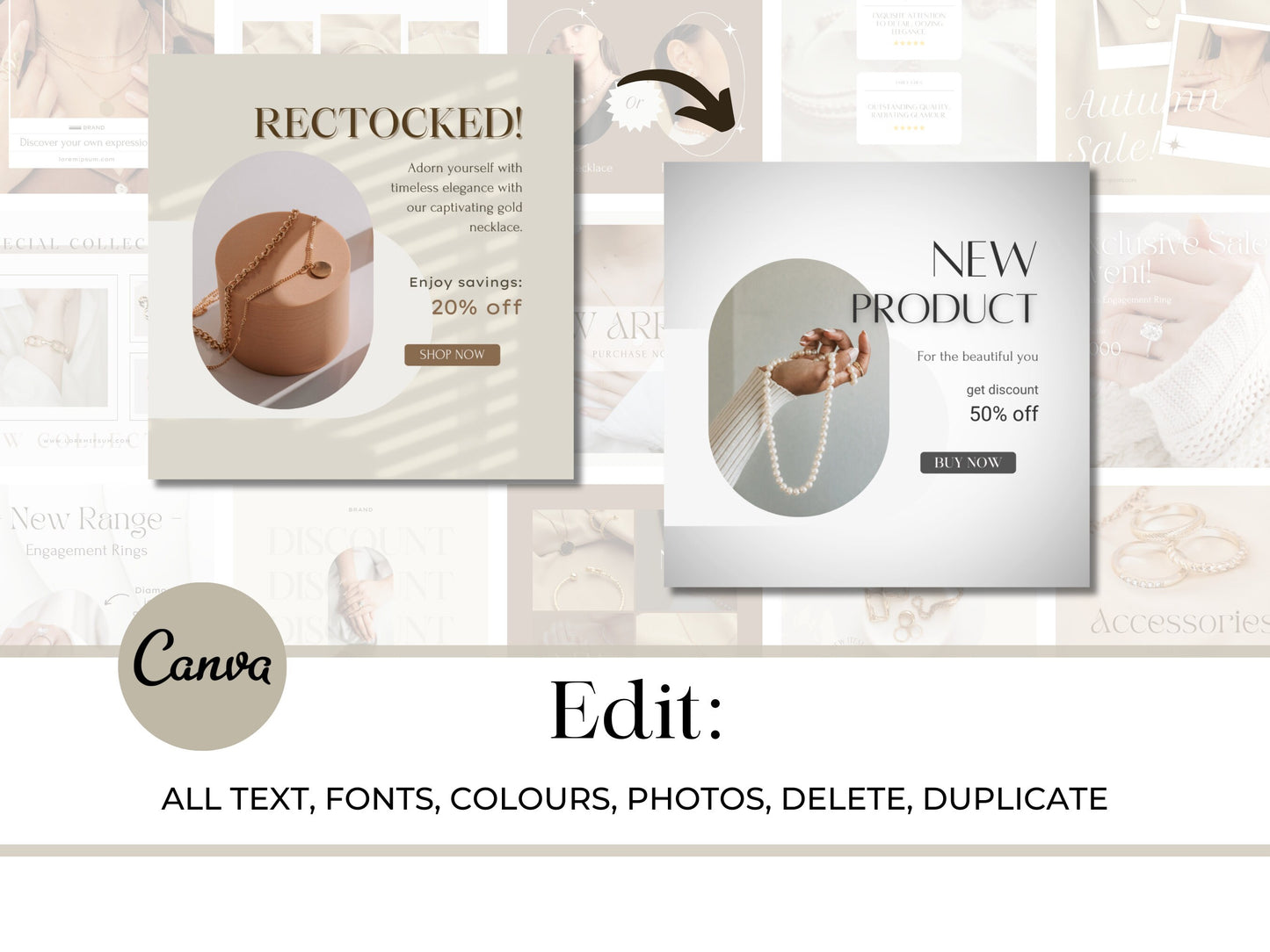PLR: 120 Jewelry Instagram Canva Templates - Jewellery Social Media Branding - Necklace Earring Bracelet Templates -Aesthetic Fashion