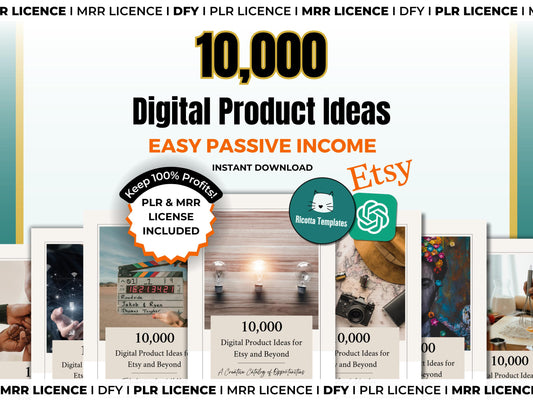 PLR MRR 10,000 Digital Product Ideas for Passive Income eBook - Done for You Digital Products Resell Rights Digital Marketing Resell Vault