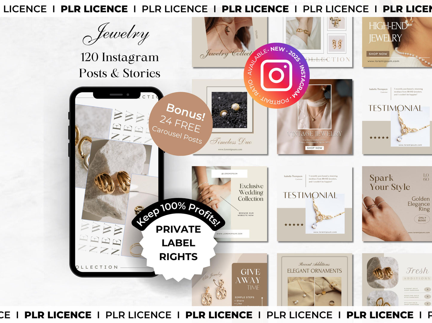 PLR: 120 Jewelry Instagram Canva Templates - Jewellery Social Media Branding - Necklace Earring Bracelet Templates -Aesthetic Fashion