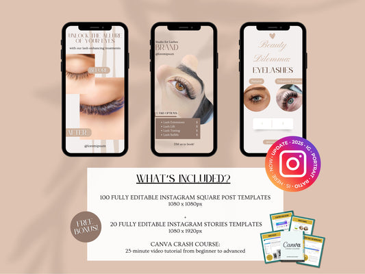 100 Lash Tech Instagram - Lash Extensions Canva Templates -Lashes Editable Instagram Templates -Lash Artist Template - Lash Lift Posts