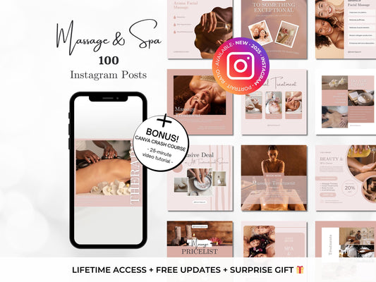 100 Massage & Spa Instagram Posts Canva Templates – Massage Therapist, Spa Canva Templates, Therapist Instagram Posts