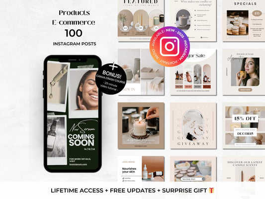 100 Product Ecommerce Instagram Post Canva Templates - Soap, Candles, Home Decor, Products Instagram Template - Ecommerce Product Template