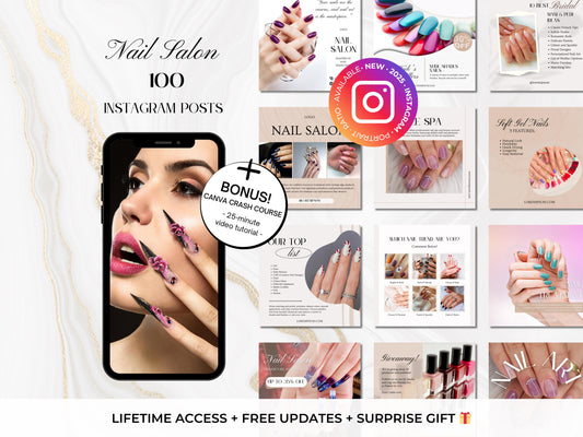 100 Nail Salon Instagram Canva Templates – Nail Art, Tech & Branding for Pink Nail Salons