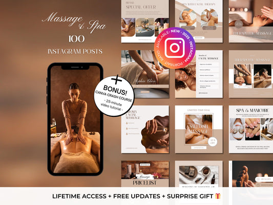 100 Massage & Spa Instagram Posts - Massage Therapist Templates - Spa Canva Templates - Therapist Instagram Posts - Massage Therapy Posts