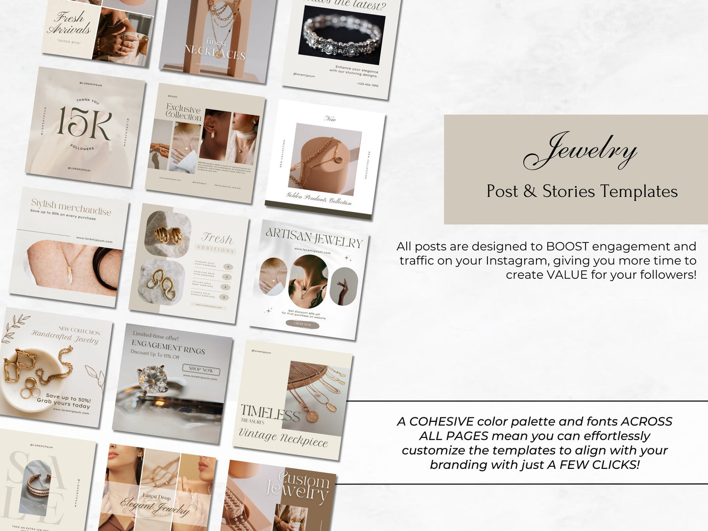 PLR: 120 Jewelry Instagram Canva Templates - Jewellery Social Media Branding - Necklace Earring Bracelet Templates -Aesthetic Fashion